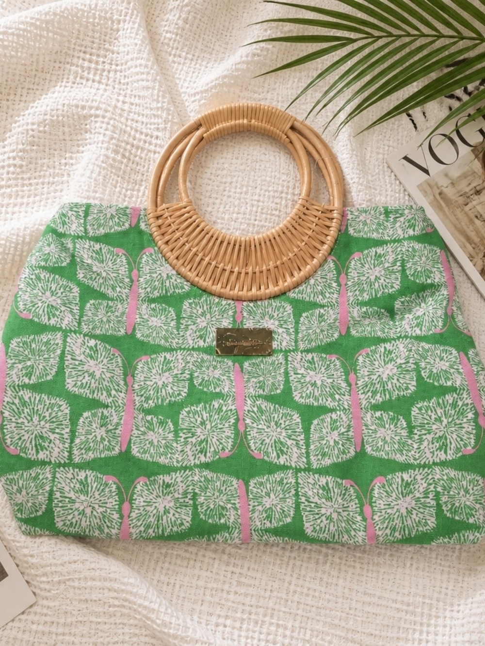 Lilly Pulitzer Butterfly Print Green and Pink Tote with Bamboo Ring Handles